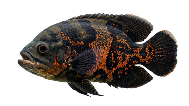 A striking tiger bichir fish portrait detailed scales on transparent background