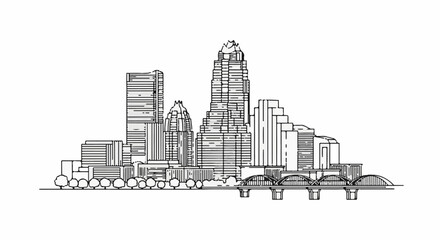 Fototapeta premium A detailed black and white sketch depicts a city skyline with tall buildings and a bridge