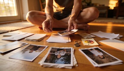 Obraz premium Sorting man arranging prints and letters on wood floor at home, t-shirt and shorts, pocket watch