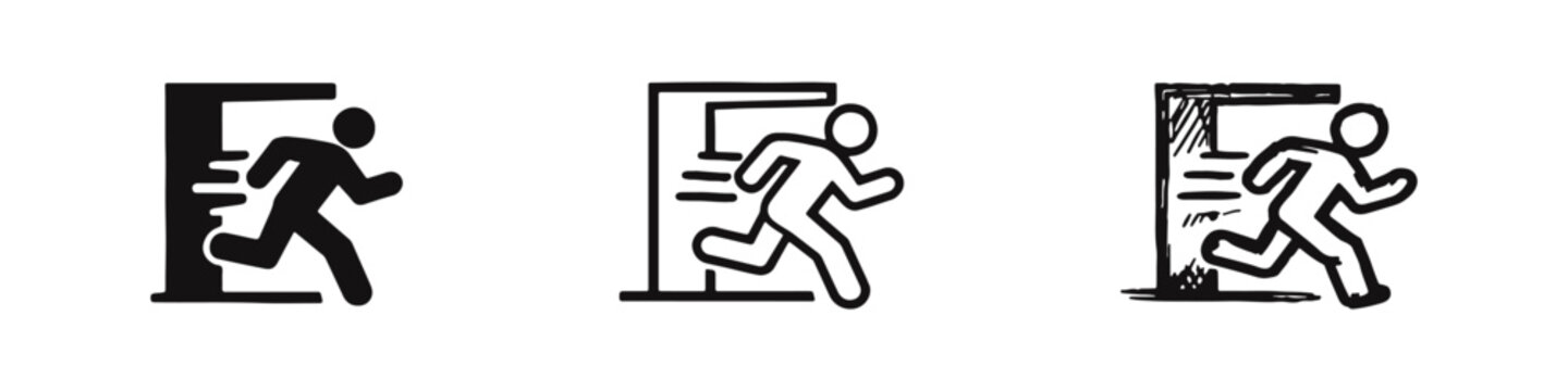 Fast emergency exit icon set with a person running through a door in flat, outline, and hand-drawn styles