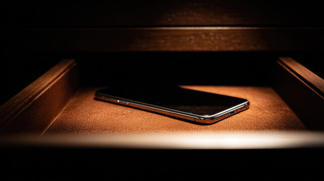 Mindful tech usage is reflected by placing smartphone in wooden drawer, symbolizing digital balance and intentional disconnection for mental well being and focus