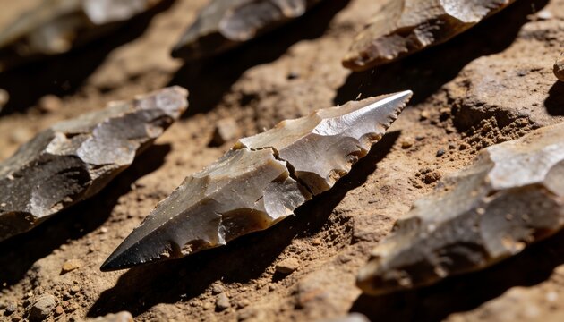 Displaying bifacial projectile point resting on dry soil, with pebbles, sand and other points