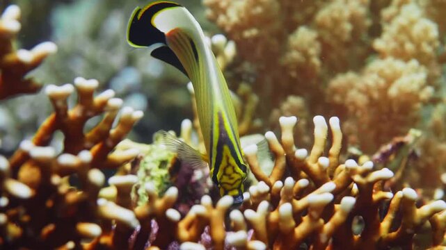 Close up footage of a Blacktail Butterflyfish Chaetodon austriacus gracefully swimming amidst colorful coral formations in a clear tropical ocean.