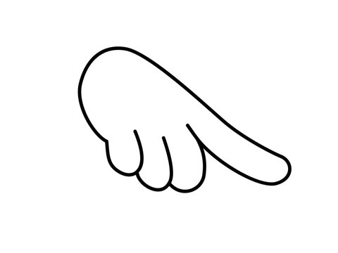 Pointing down hand finger vector. Gesture for direction, clicking below, and attention. Minimalist flat cartoon outline illustration isolated on white background. Pointer icon