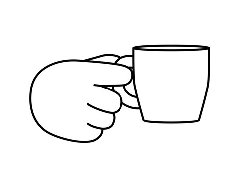 Hand holding coffee cup vector. Beverage icon for morning break, cafe, and caffeine energy. Minimalist flat cartoon outline illustration isolated on white. Warm drink symbol