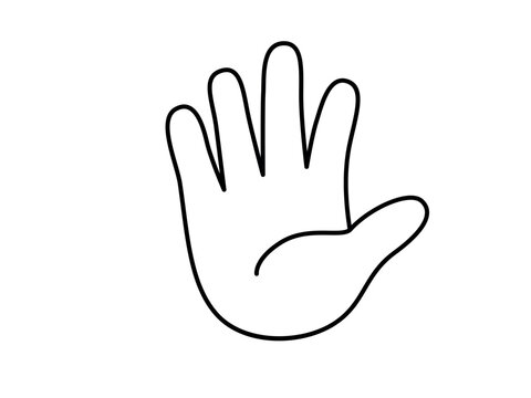Open hand palm vector. High five gesture for greeting, success, and friendship. Minimalist flat cartoon outline illustration isolated on white background. Five fingers sign