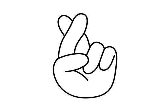 Fingers crossed hand sign vector. Gesture for luck, hope, and making a wish. Minimalist flat cartoon outline illustration isolated on white background. Superstition symbol