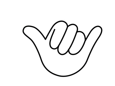 Shaka hand sign vector. Hang loose gesture for surfing, relaxing, and Hawaiian greeting. Minimalist flat cartoon outline illustration isolated on white. Chill beach symbol