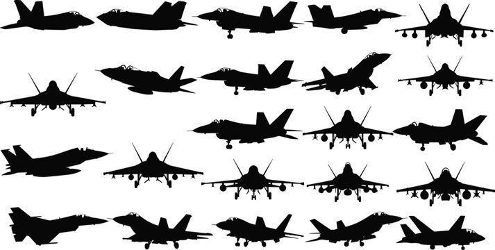Fighter jet silhouettes set, military aircraft silhouettes, combat aircraft vector, air force jet collection, aviation silhouette icons set