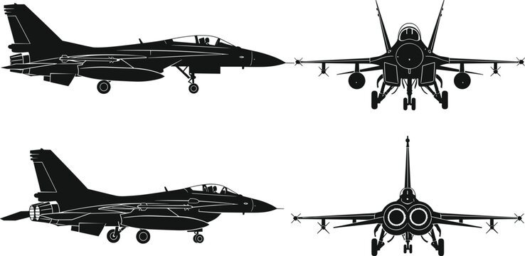Fighter jet vector silhouettes, military aircraft illustration, combat jet silhouettes, air force aircraft vector, aviation silhouette collection illustration