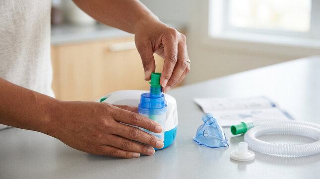 Person assembling a nebulizer for asthma treatment at home  