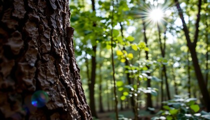 Fototapeta premium Sunlit Forest View with Textured Tree Bark and Green Foliage