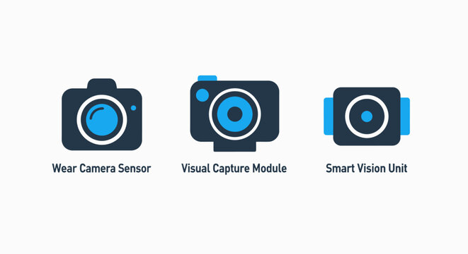 Smart camera and visual capture technology icon set with technology security monitoring photography hardware innovation industry automation advanced equipment engineering technical