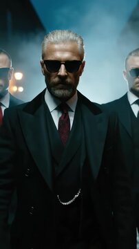 Powerful male executive, gray hair, beard, dark suit, sunglasses, leading security team through smoke, representing authority, business influence, corporate protection