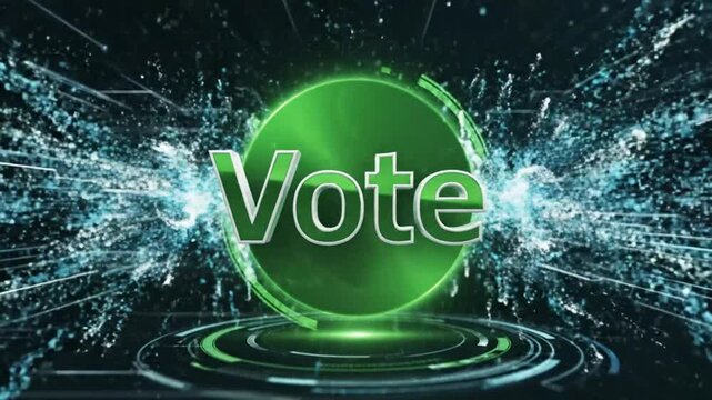 Vote concept with 3d text and abstract digital green explosion and glowing energy animation