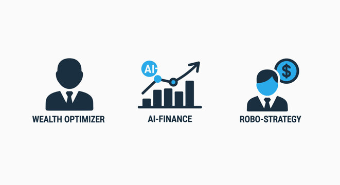 Financial advisory icons: wealth manager AI finance chart robo-advisor with artificial intelligence upward trend optimizer strategy investment business management consulting advisory planning