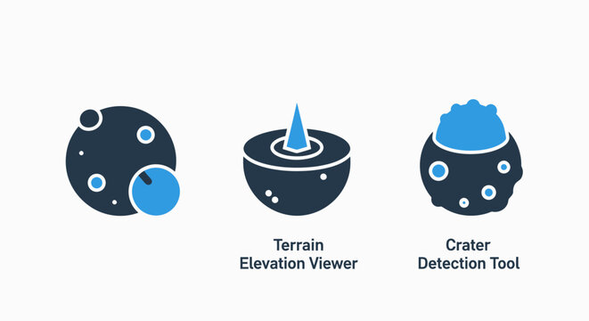 Planetary surface analysis icons: terrain elevation viewer and crater detection tool with user interface elevation detection astronomy research analysis exploration illustration abstract