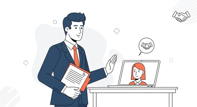 Business meeting online, man greeting woman on laptop screen, handshake icon
