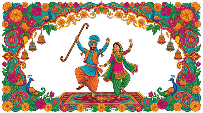 Joyful Punjabi couple celebrating Baisakhi with traditional Bhangra and Giddha dance, framed by vibrant Indian folk art featuring peacocks, flowers, and paisley patterns