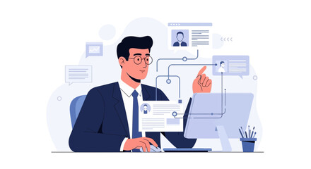 Fototapeta premium Businessman working on computer, managing data and profiles, digital interface