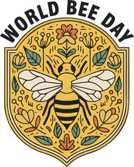 Obraz premium World Bee Day Floral Emblem and Bee Illustration; Creative Vector Badge for Nature Conservation, Biodiversity, and Environmental Awareness Campaigns