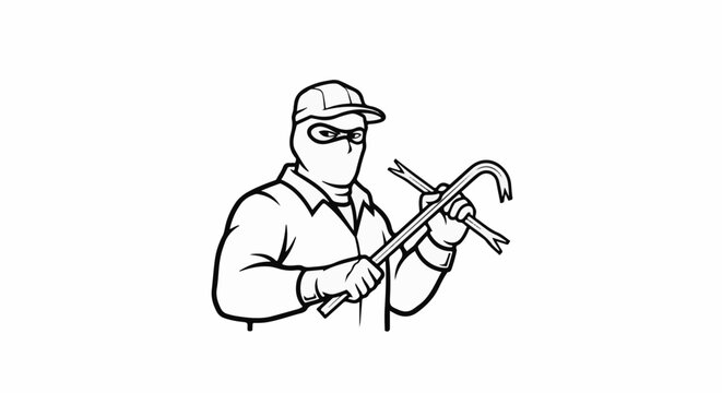 A cartoon burglar in a mask and cap holds two crowbars menacingly