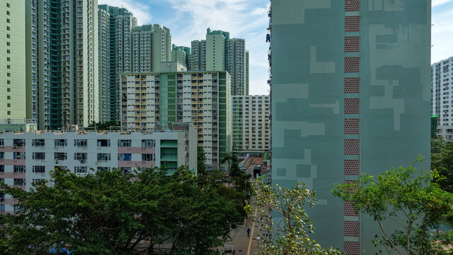 Sea gate. Hong Kong as a major port and residential areas with high-rise apartment buildings.