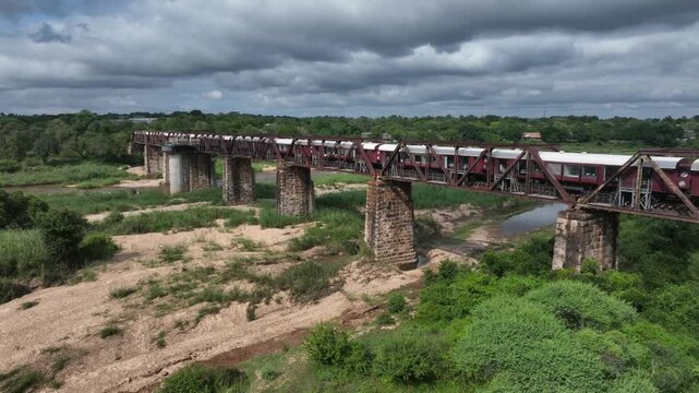 Aerial shot of Kruger Shalati The Train on the Bridge in South Africa.