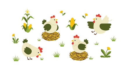 Cute cartoon chickens and corn on a white background, farm illustration © rofik