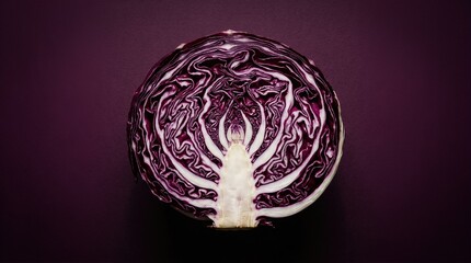 Fototapeta premium Purple Radicchio Lettuce Head Sliced with White Veins Isolated on a Solid Deep Plum Background