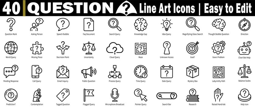 Question mark line art icon, asking person symbol, speech bubble graphic, faq document emblem, search query sign, knowledge gap logo, idea and analysis icons. vector illustration.