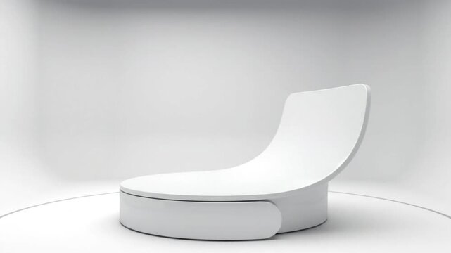 Futuristic minimal chair with integrated backrest rotates on a bright studio platform