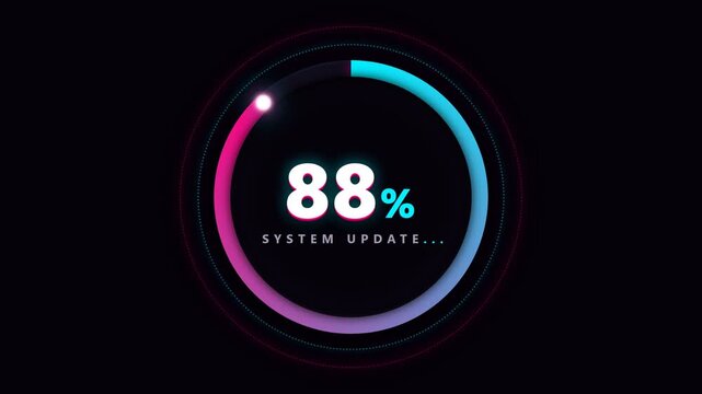 Neon system update loading bar with circular progress and percentage counter on black background