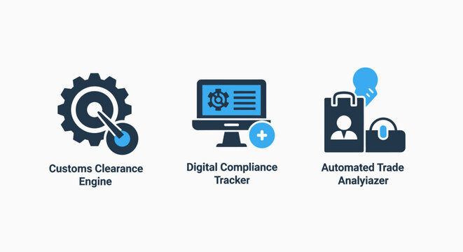 International trade icons for customs clearance engine digital compliance tracker and automated trade analyzer depicting logistics management and regulatory technology solutions with clearance