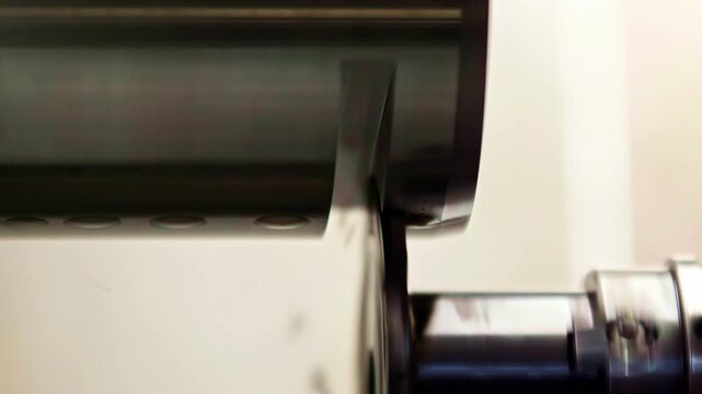 Macro close up of a rotating grinding wheel sharpening a metal edge, highlighting precision engineering, tool detail and industrial machinery in a clean modern workshop environment.