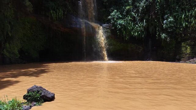 Waterfall cascades into muddy pool surrounded by lush green jungle. Sunlight glints on falling water, casting soft shadows. Moss-covered rocks frame the scene, adding texture