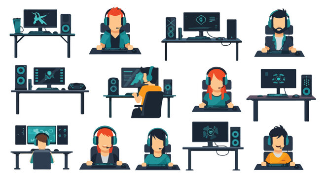 Professional gamer character set with 12 flat vector icons, esports players at gaming desks with pc hardware, streaming and gaming workstation collection