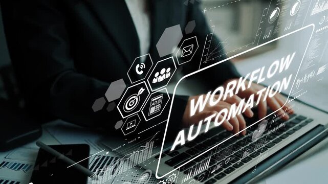 Business professional typing on laptop with workflow automation graphics and icons illustrating technology and productivity enhancement. Asymptotic smart data analytic.