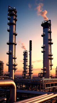Industrial refinery plant with tall towers releasing steam at sunset