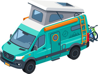 Naklejka premium Teal recreational camper van equipped with rooftop tent and bikes