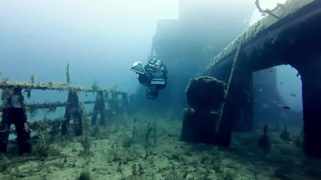Ethereal wide angle view of a scuba diver exploring the atmospheric Hephaestus shipwreck in Comino Malta during a sunny summer day featuring deep blue ocean colors and clear underwater visibility