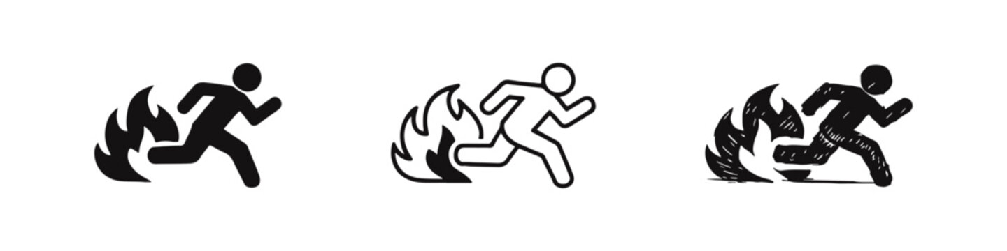Emergency Fire Exit and Safety Icon Set Showing Person Running from Flames