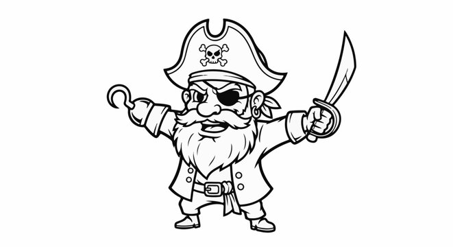 Fierce cartoon pirate with eye patch, hook, and sword stands ready