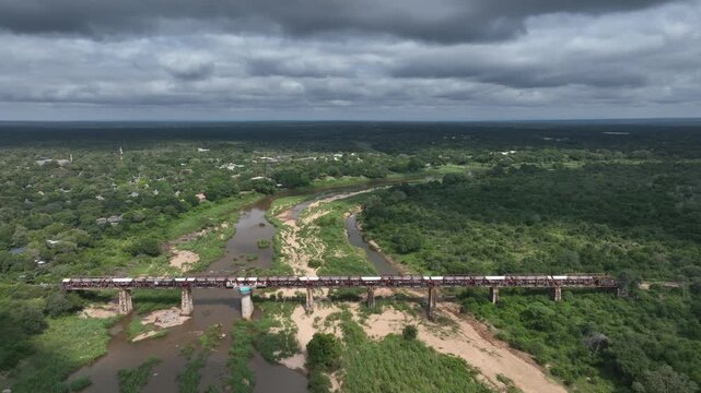 Aerial view of Kruger Shalati The Train on the Bridge in South Africa.