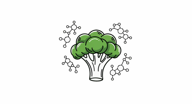 A green broccoli head with surrounding scientific molecular diagrams