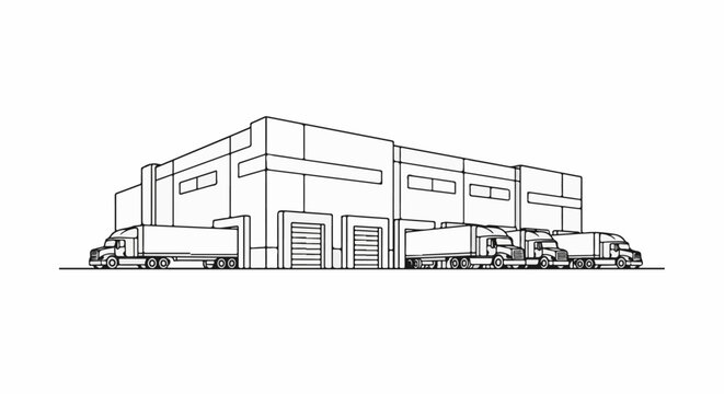 Warehouse with several trucks parked at loading docks