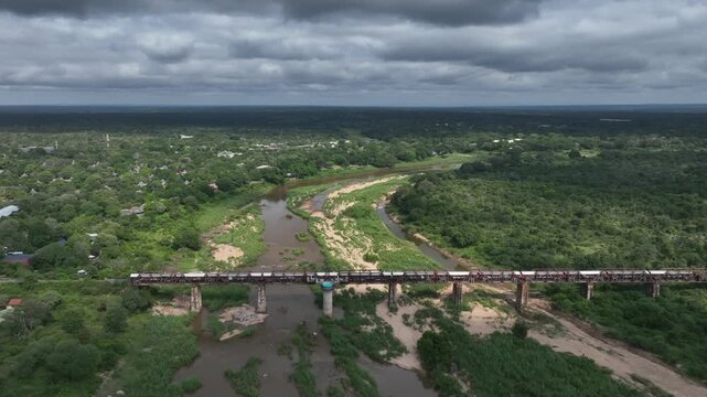Static aerial view of Kruger Shalati The Train on the Bridge in South Africa.