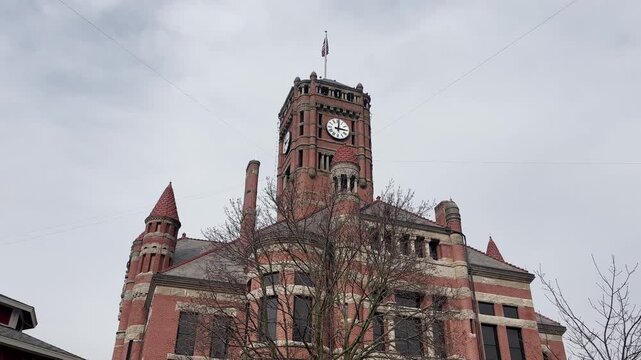 Historic Williams County Courthouse in Bryan, Ohio with gimbal video tilting down.