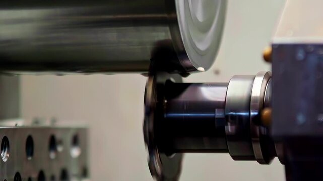 Close up of a precision grinding machine shaping a metal component with rotating abrasive wheel in an industrial workshop, highlighting engineering, manufacturing and high accuracy production process.