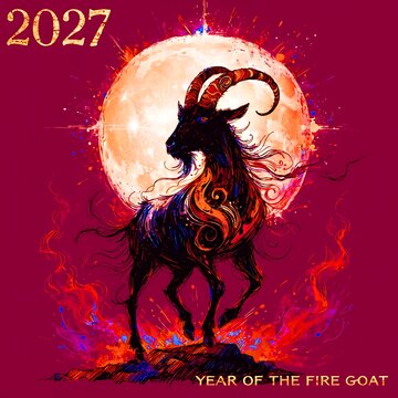 Year of the fire goat 2027 lunar new year with fiery moon full moon chinese zodiac animal zodiac east asian celebration tradition festival illustration stylized astrology oriental
